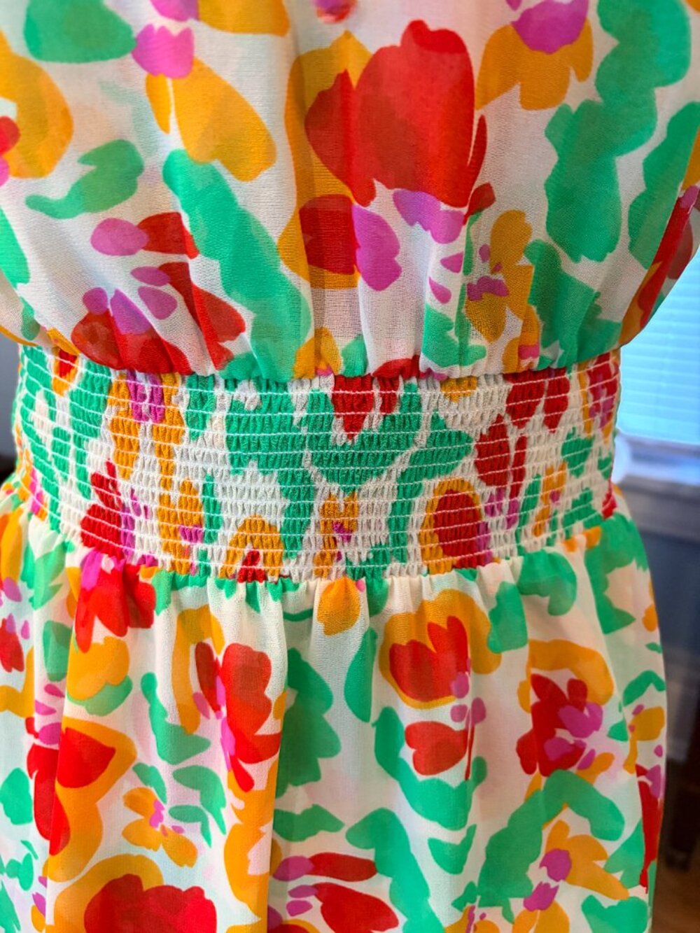 Cabi Floral Smocked Waist Dress Cottagecore Holiday Ruffle Midi Summer Resort - Picture 5 of 11